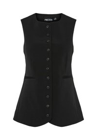 Gilet noir sans manches à boutons avec une hem légèrement évasée, comportant six boutons à l'avant et deux poches intégrées, fabriqué en tissu lisse.