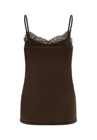 Caraco marron avec de fines bretelles spaghetti et une bordure en dentelle noire à l'encolure, présenté sur fond blanc.