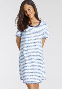 Short-sleeve nightdress in light blue with navy horizontal stripes and ruffled edges. Made from soft fabric with a rounded neckline.