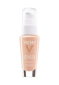 Vichy Liftactiv Flexiteint Anti-Falten-Foundation in einer Glasflasche; hellbeige Flüssigkeit; Pumpspender oben mit weißem Deckel.