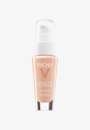 Vichy Liftactiv Flexiteint Anti-Falten-Foundation in einer Glasflasche; hellbeige Flüssigkeit; Pumpspender oben mit weißem Deckel.