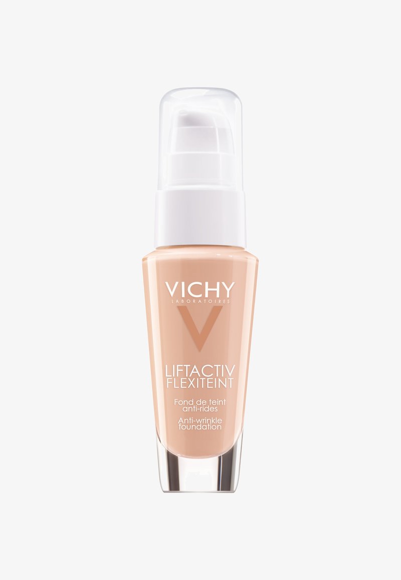 Vichy Liftactiv Flexiteint Anti-Falten-Foundation in einer Glasflasche; hellbeige Flüssigkeit; Pumpspender oben mit weißem Deckel.