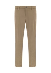 Chinos de algodón beige con corte recto, con cierre de botón en la parte frontal y trabillas para cinturón. Textura suave y diseño minimalista.