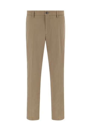 Beżowe bawełniane chinosy o prostym kroju, z zapinaniem na guzik z przodu oraz szlufkami na pasek. Gładka faktura i minimalistyczny design.