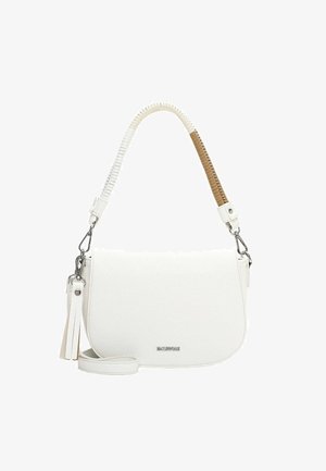 Balta teksturēta ādas ķermeņa soma ar izliekta klapja pārsegu, noņemamu siksnu un divu toņu austu rokturi baltā un brūnā krāsā.