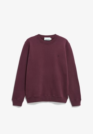 Bordeaux sweatshirt met ronde hals en lange mouwen, met een kleine geborduurde logo op de linkerkant van de borst, plat gelegd op een witte achtergrond.
