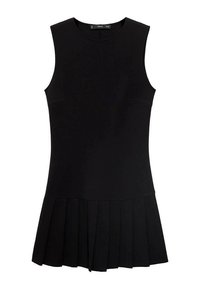 Black sleeveless dress with a fitted bodice and a pleated skirt. Made from smooth fabric, it features a round neckline and no visible hardware.