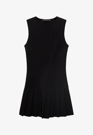 Rochie neagră fără mâneci, cu un corset ajustat și o fustă plisată. Confecționată dintr-un material neted, are un decolteu rotund și nu conține accesorii vizibile.