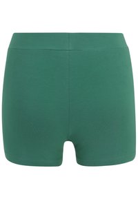 Gröna bomullsshorts med en slät textur, figurnära design och elastiskt midjeband. Inga synliga sömmar eller hårdvaruaccenter.