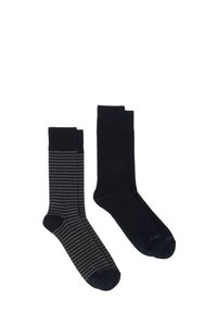 Due paia di calze: una di un blu navy scuro uniforme, l'altra nera con sottili strisce grigie. Entrambe presentano una texture liscia e polsini a costine.