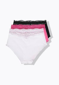 Three high-waist women's underwear in white, pink, and black, each with a lace waistband detail, stacked on a white background.