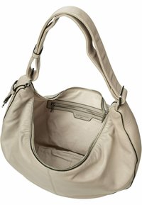 Beżowa skórzana torba na ramię o zaokrąglonym kształcie, z krótkim paskiem i zapięciem na zamek. Wnętrze posiada małą kieszonkę na zamek oraz metkę z logo.