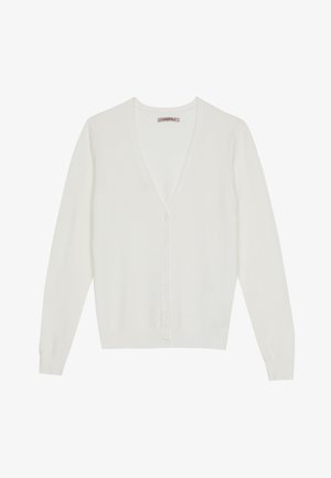 Cardigan branco feito de material suave, com um design em V, frente com botões e mangas longas com punhos e bainha canelados.