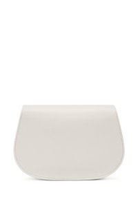 Weißes Lederhandtasche mit glatter Oberfläche, abgerundetem Klappendesign und dezenten Nähten entlang der Kanten.