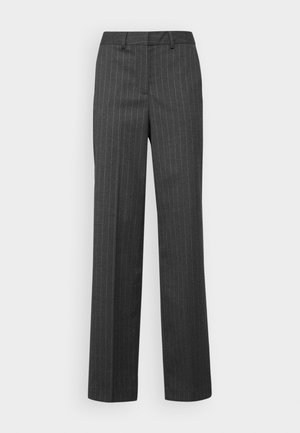 Calças risgadas cinzentas com um design de perna reta. Feitas de um tecido suave, apresentam um cós e sem bolsos visíveis.