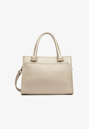 Sac à main en cuir beige texturé avec doubles poignées et bandoulière amovible, forme rectangulaire, garniture dorée minimaliste.