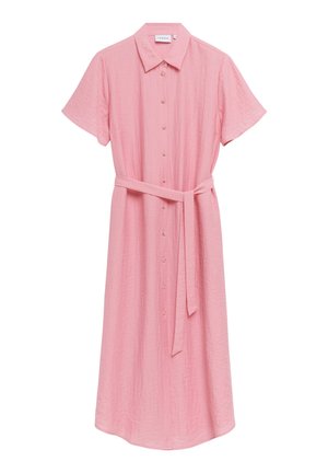 Pink short-sleeve shirt dress with button front, pointed collar, and matching fabric belt tied at the waist.