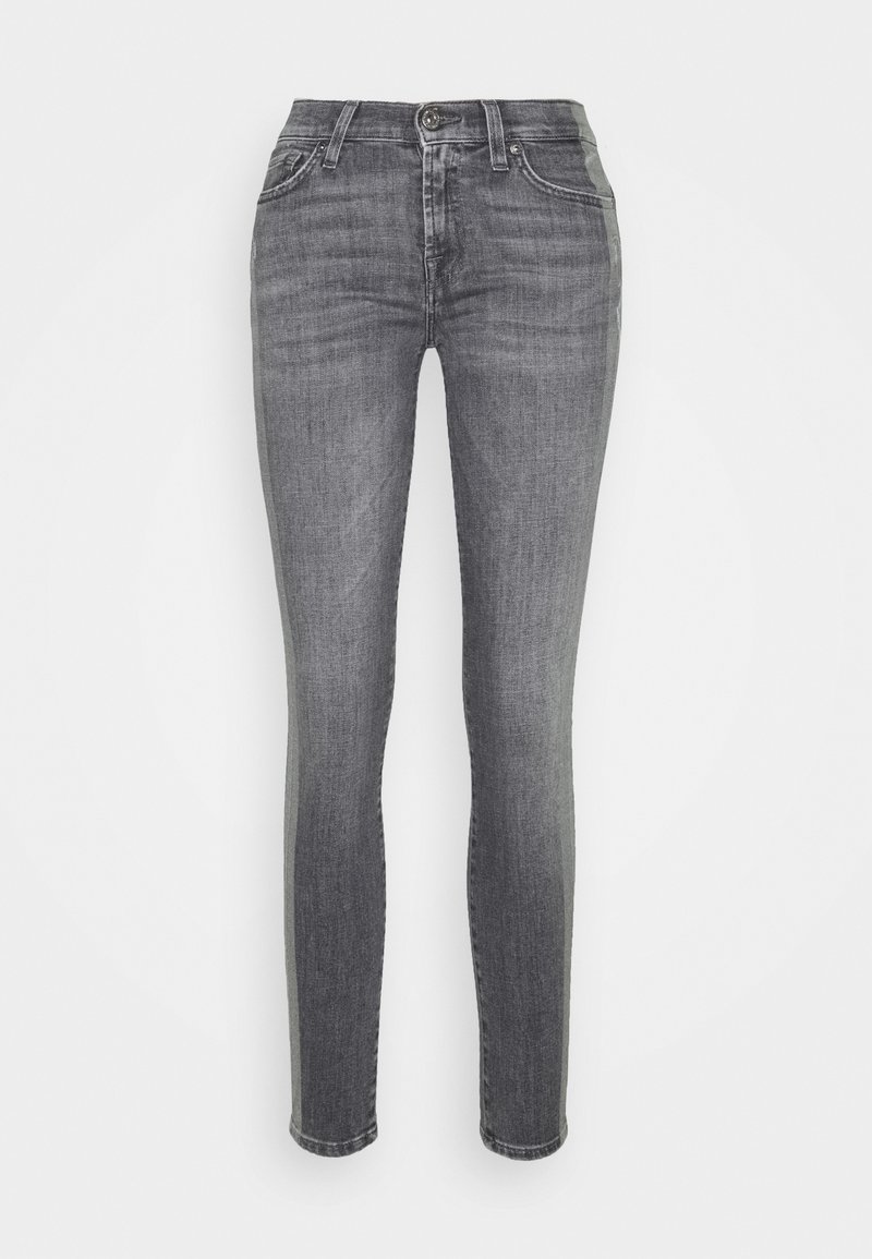 Skinny jeans in dark gray denim, featuring a classic five-pocket design, belt loops, and a button closure. Smooth texture with slight fading.