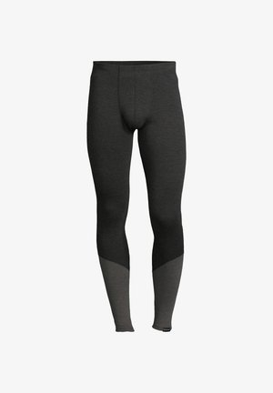 Schwarze thermische Leggings mit figurbetontem Design. Sie haben eine weiche Textur und einen kontrastierenden grauen Einsatz an den Unterschenkeln. Elastischer Bund inklusive.