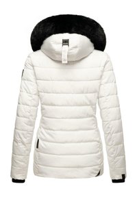 White puffer jacket with a black fur-lined hood, quilted design, and two side pockets. Features a rear cinch and black sleeve accents.