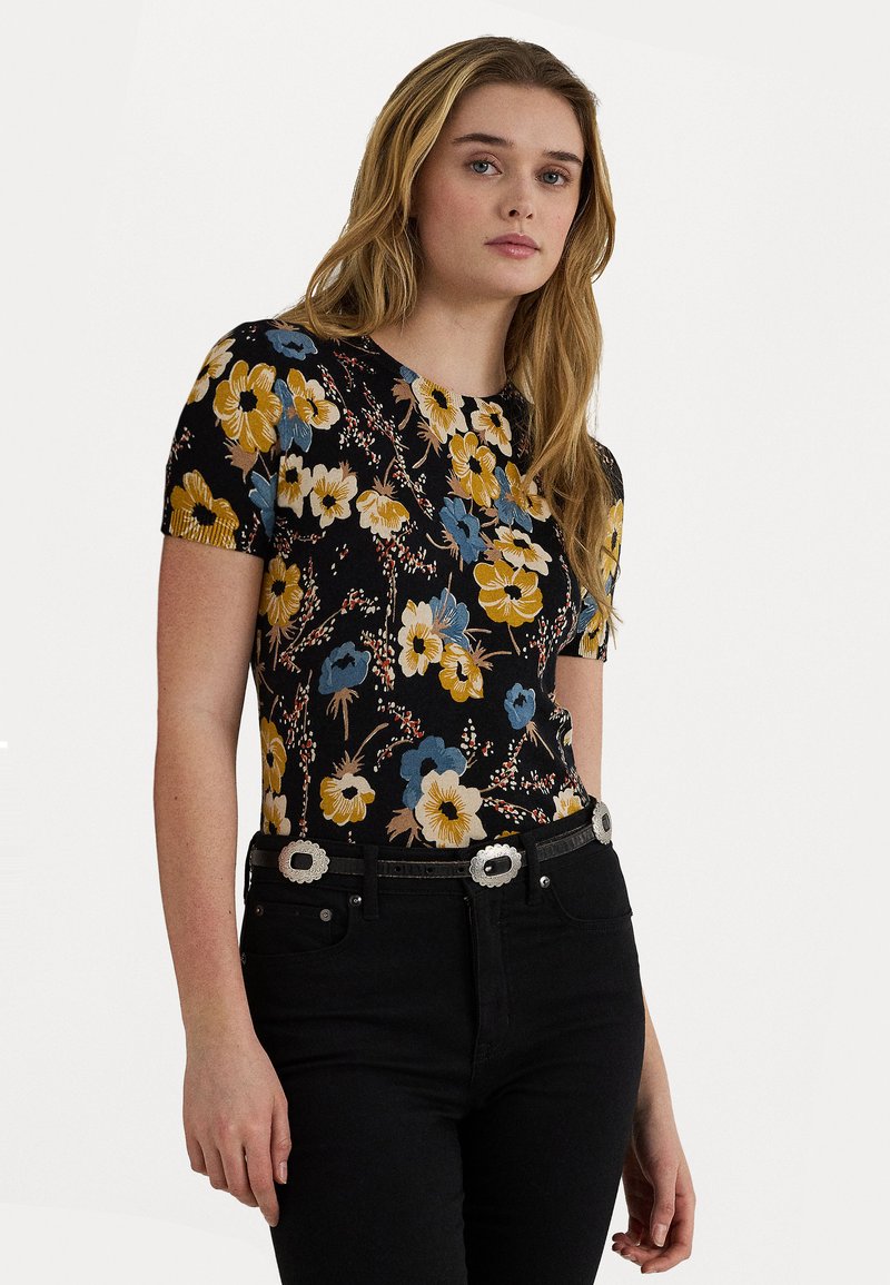 Lauren Ralph Lauren FLORAL COTTON BLEND SHORT SLEEVE JUMPER - Marškinėliai su spaudiniu - black/multi