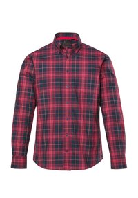 Rood en marineblauw geruit overhemd met lange mouwen en een button-down kraag, voorzien van blauwe knopen en een borstzak. Gemaakt van geweven stof.