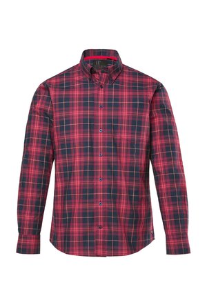 Rot-kariertes Hemd mit langen Ärmeln und Button-Down-Kragen, versehen mit blauen Knöpfen und einer Brusttasche. Hergestellt aus gewebtem Stoff.