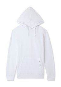 Hoodie bianco in cotone con cappuccio regolabile, tasca a marsupio frontale e polsini a coste. Texture liscia senza motivi o logo.