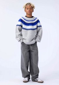 Hall halli kampsun sinise ja valge siksakmustriga; lahtised hallid teksad; valged tossud tumedate triipudega.