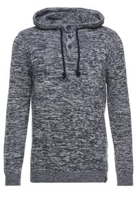 Gebreide hoodie in donkerblauw en grijs gemêleerd stof; heeft een voorpatiënt met drie knopen, aantrekkoord en geribbelde manchetten en zoom.