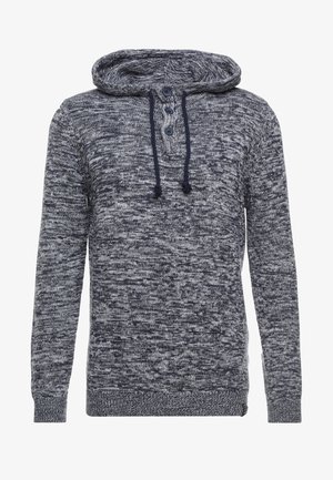 Felpa con cappuccio lavorata a maglia in tessuto blu scuro e grigio melange; presenta una chiusura frontale con tre bottoni, coulisse e polsini e orlo a coste.