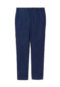 Pantaloni in lino blu navy con design a gamba dritta, tasche frontali e chiusura con bottone. Tessuto liscio con una sensazione leggera.