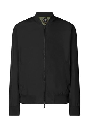 Schwarze Bomberjacke mit Frontreißverschluss, gerippten Bündchen und Saum sowie Seitentaschen, dargestellt vor weißem Hintergrund.