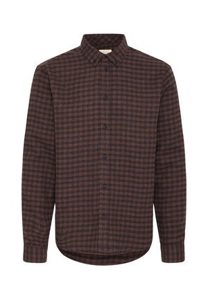 Hosszú ujjú, barna és fekete kockás, gombos ing, gombos gallérral és lekerekített szegéllyel.