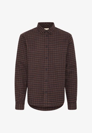 Langärmliges braun-schwarzes kariertes Hemd mit Knopfleiste, Button-Down-Kragen und abgerundetem Saum.