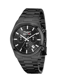Orologio in acciaio inossidabile nero con cassa rotonda, tre sottodial, indicatori delle ore bianchi e display della data. Logo "SECTOR" vicino alla parte superiore.
