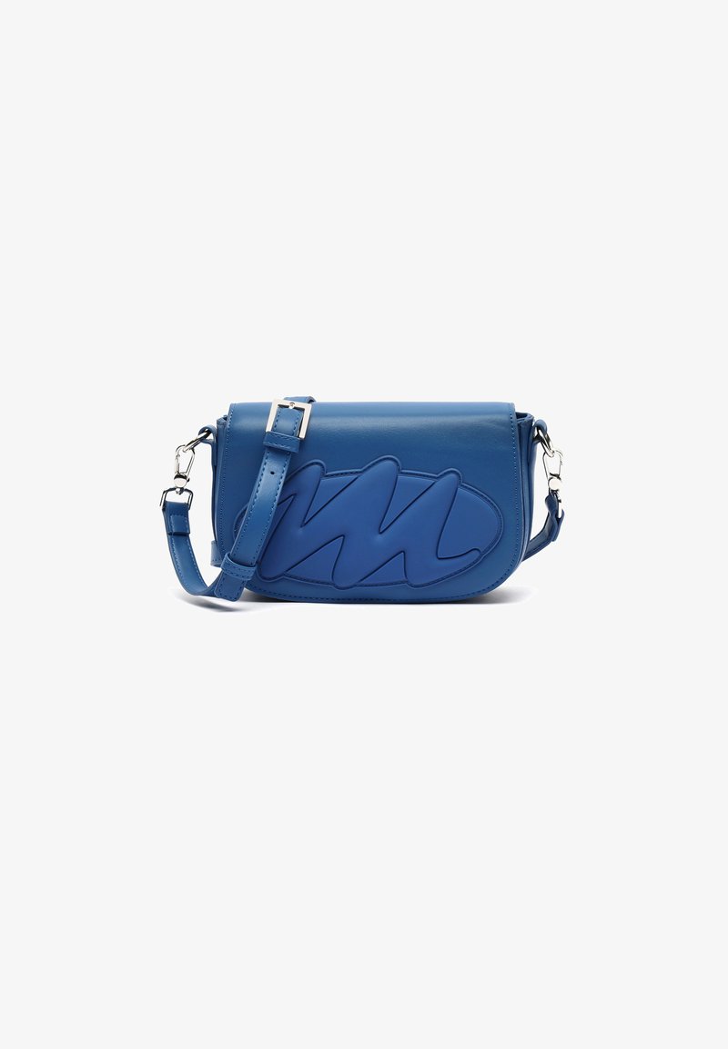 Blue leather crossbody bag with a curved design. Features a textured wave pattern on the front, adjustable strap, and silver hardware accents.