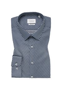 Heren slim-fit overhemden met een marineblauw en wit geometrisch patroon, een puntige kraag en met knopen afgewerkte mouwen, netjes gevouwen.
