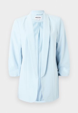 Light blue women's blazer with long sleeves, shawl collar, and open front, labeled "PIECES" inside the collar.