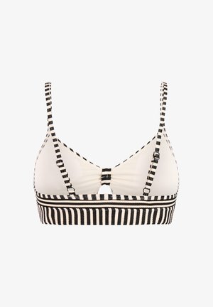 Zwart-wit gestreept bikinitopje met dunne verstelbare bandjes en een centrale sluiting aan de achterkant, afgebeeld op een witte achtergrond.