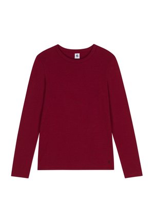 Langarm, ronde hals t-shirt in donkerrood, gemaakt van zacht katoen. Heeft een klein logo Accent nabij de zoom, gladde textuur.