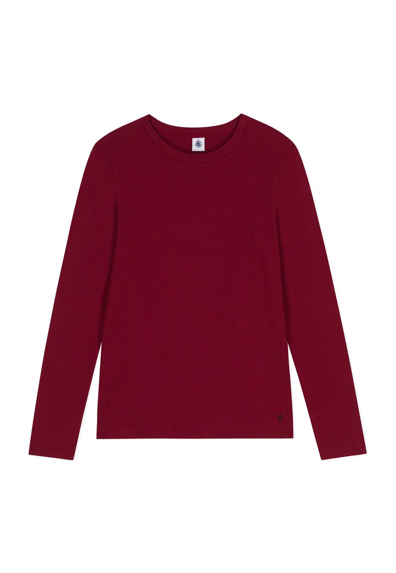 Langärmliges, Rundhalsausschnitt-T-Shirt in Dunkelrot, aus weichem Baumwollstoff. Verfügt über ein kleines Logo-Detail am Saum, mit glatter Textur.