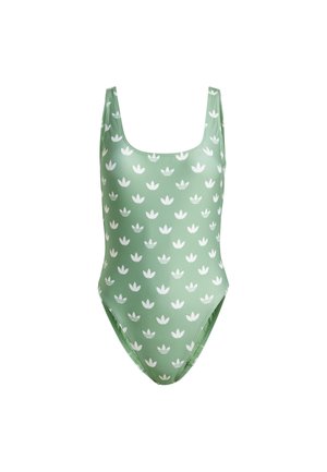 Πράσινο ολόσωμο μαγιό με διακριτό λουλουδάτο σχέδιο σε λευκό, με στρογγυλή λαιμόκοψη, φαρδιές τιράντες και μαλακό, ελαστικό ύφασμα.