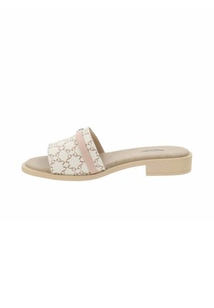 Sandal con apertura sulla punta in bianco con un sottile motivo beige, dotato di una fascia di accento rosa e un tacco basso a blocco. Soletta morbida e imbottita.