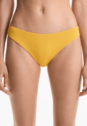 Yellow bikini bottoms with a textured fabric, featuring a low-rise cut and broad side straps. Designed for a comfortable fit.