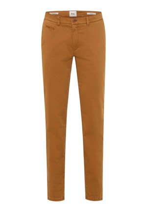 Bruine katoenen chino's met een recht model, voorzien van een voorzak met een metalen rits en een knoopsluiting op de taille.