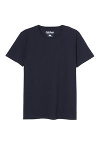 Marineblauwe katoenen T-shirt met ronde hals, korte mouwen en een rechte zoom. Voorzien van een wit merklabel bij de kraag.