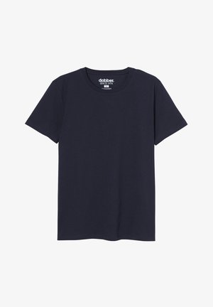 Granatowa bawełniana koszulka z okrągłym dekoltem, krótkimi rękawami i prostym dołem. Posiada białą metkę z logo na kołnierzyku.