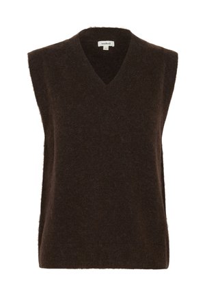Gilet en tricot sans manches marron foncé avec un décolleté en V et une texture douce. Présente une coupe décontractée et un minimum de détails. Idéal pour le superposition.