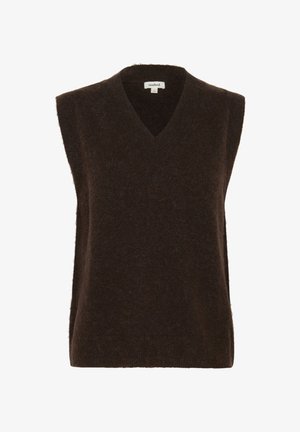 Gilet en tricot sans manches marron foncé avec un décolleté en V et une texture douce. Présente une coupe décontractée et un minimum de détails. Idéal pour le superposition.